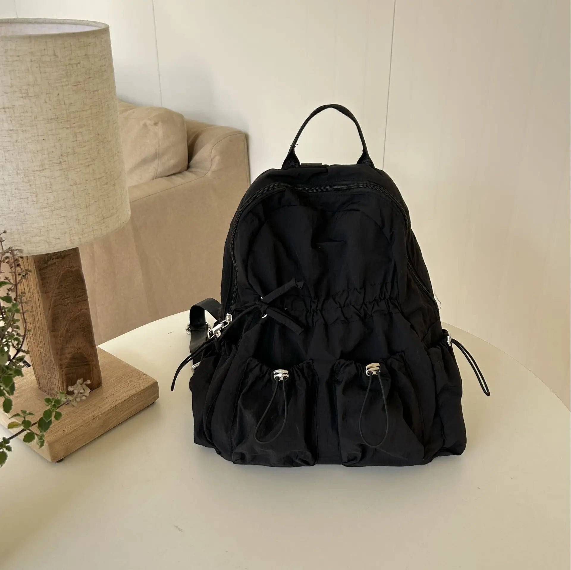 INGVN  Korean Simple Nylon Summer Beach Pleated Women Backpack Students School Girl Backpack Travel Commuter Backpacks for Women
