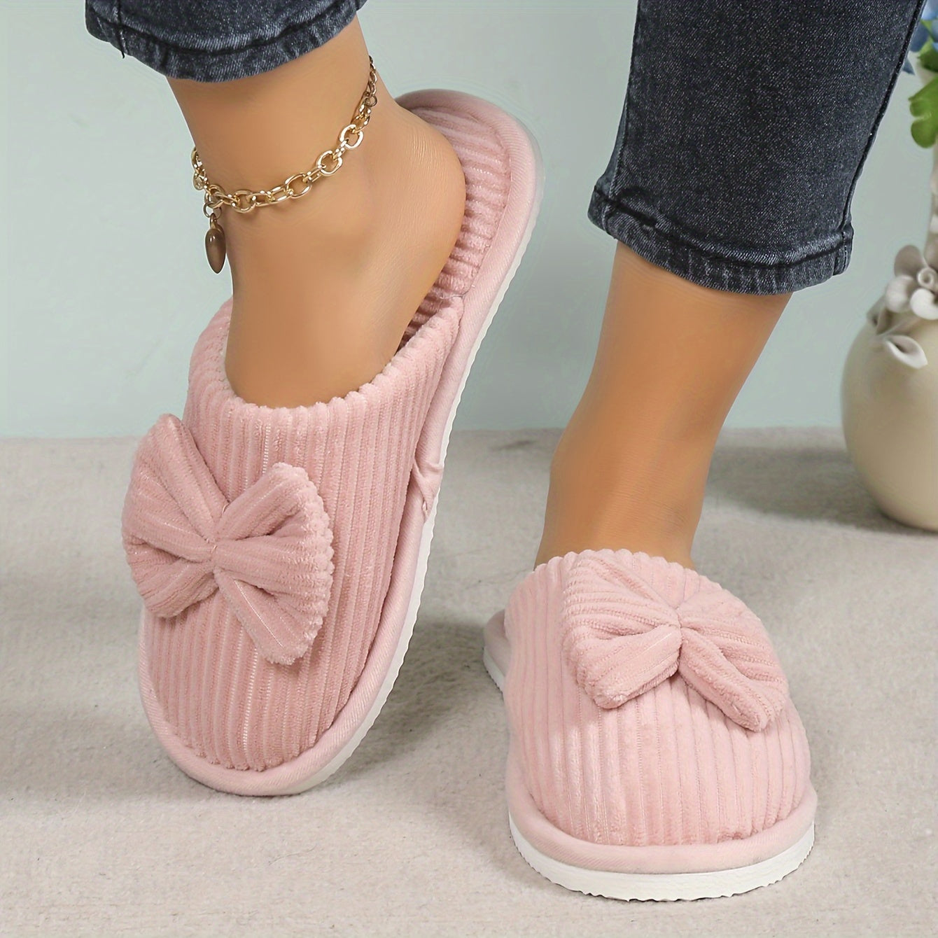 Adorable Bowknot Winter Slippers-Plush & Cozy-Soft Indoor Home Footwear-Warmth & Comfort