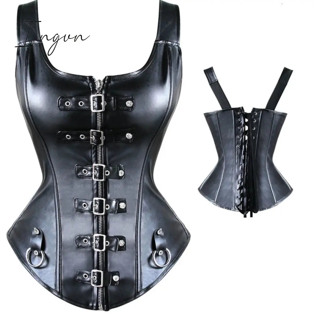 Ingvn - Faux Leather Corset Top Shoulder Strap Corselet Black Zipper Buckled Bustier Waist Trainer Vest Corset Overbust Women Steampunk
