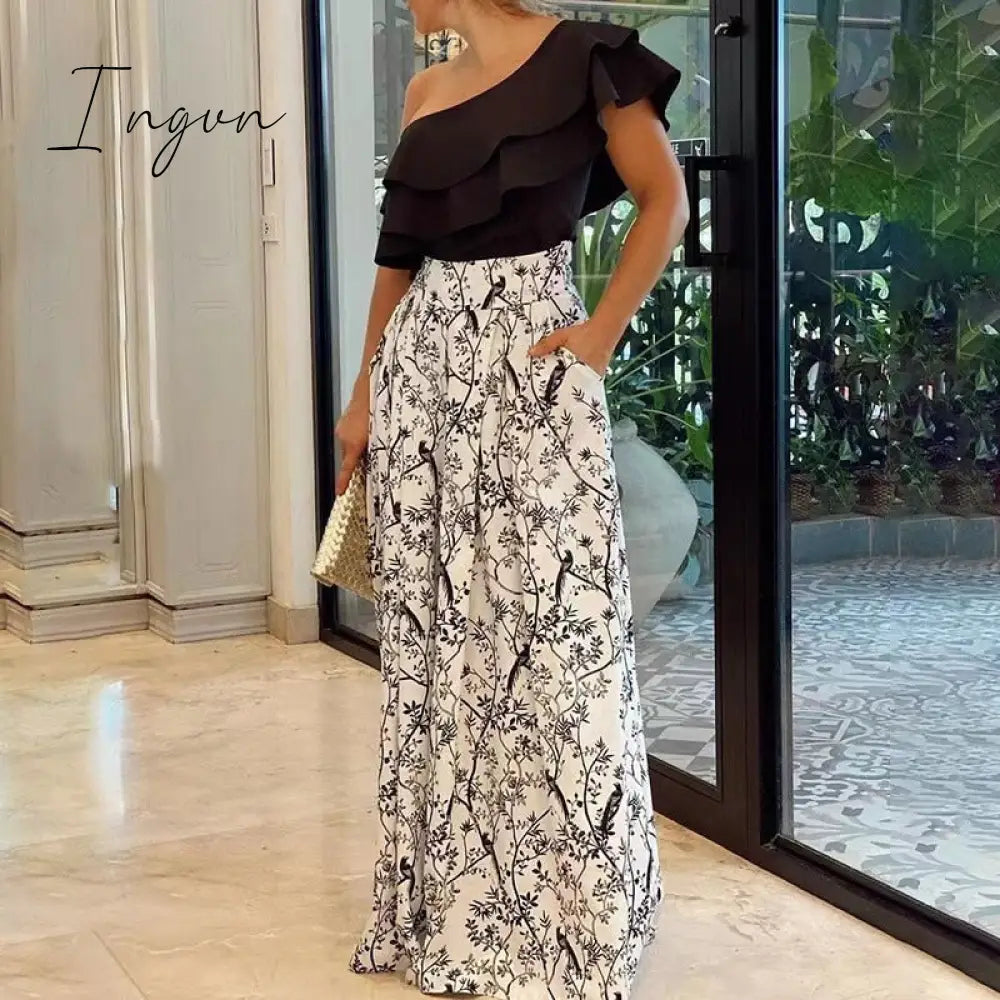 Ingvn - 2023 Fashion Summer Autumn Two Piece Sets Womens Fashion Sexy Mid Sleeve Shirt Elgant Floral Print Wide Leg Pant Suit Casual 2pcs Set Women
