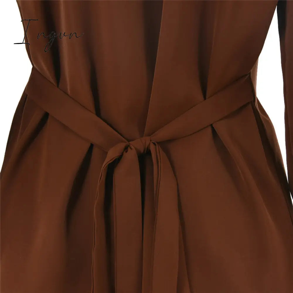 Ingvn - Turn-down Collar Button Women Two Piece Set Brown Long Sleeve Top High Waist Skirt Women Autumn Sexy Slim Office Outfits