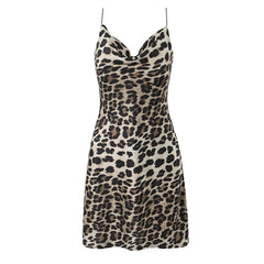 Women Sexy Backless Leopard Print Sling Short Dresses Summer Lady Swinging Collar Night Out Club Party Dresses