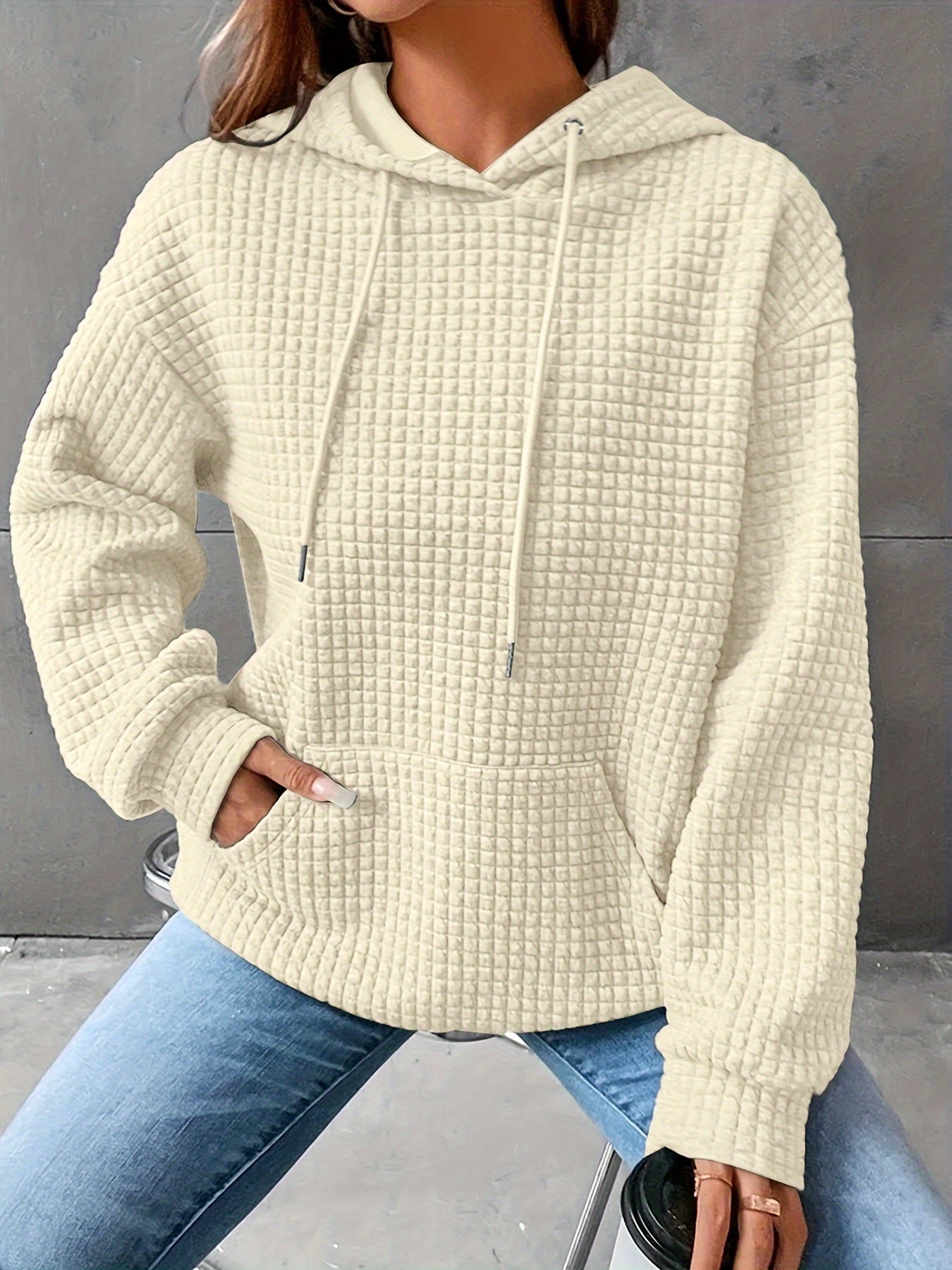Waffle Grid Kangaroo Pocket Hoodie, Casual Long Sleeve Drawstring Hoodies Sweatshirt, Women's Clothing