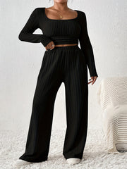 Casual Ribbed Solid Color Pants Set, Low Cut Neck Long Sleeve Crop Top & Elastic Waist Wide Leg Loose Pants, Women's Clothing