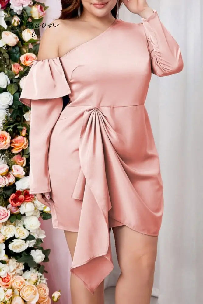 Ingvn - Pink Casual Solid Patchwork Asymmetrical Oblique Collar Long Sleeve Plus Size Dresses