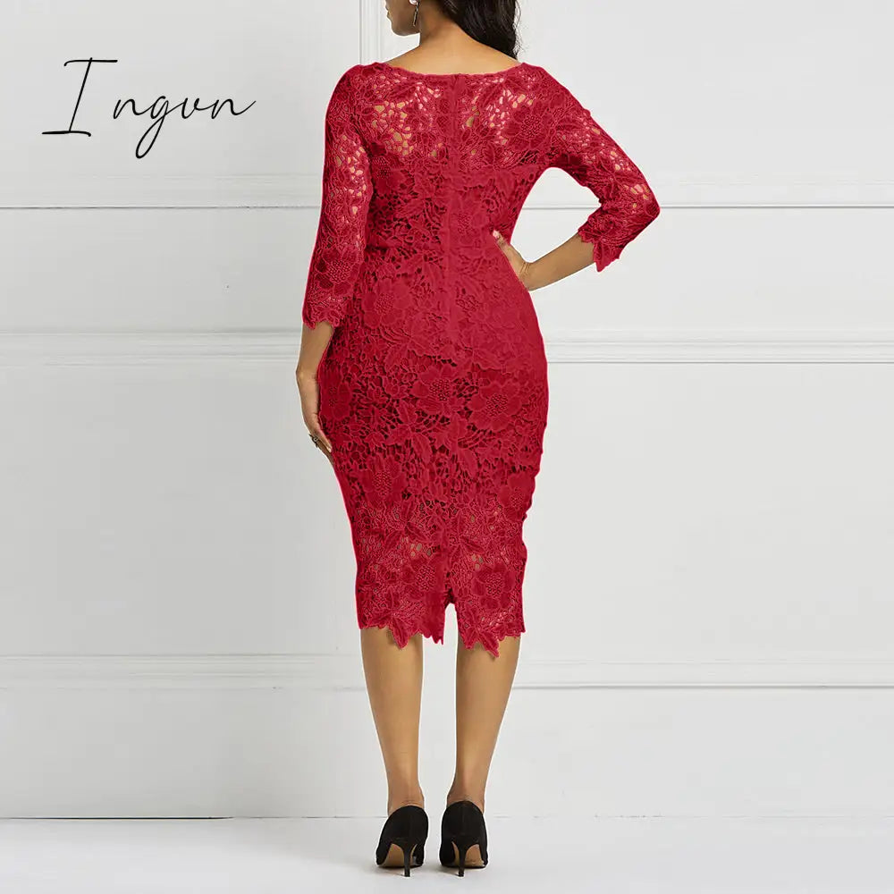 Ingvn - Women Midi Dress Hot Sale Elegant Sexy OL Bodycon Floral Hollow Lace Female Fashion Evening Party Chic Sheath Ladies Dresses