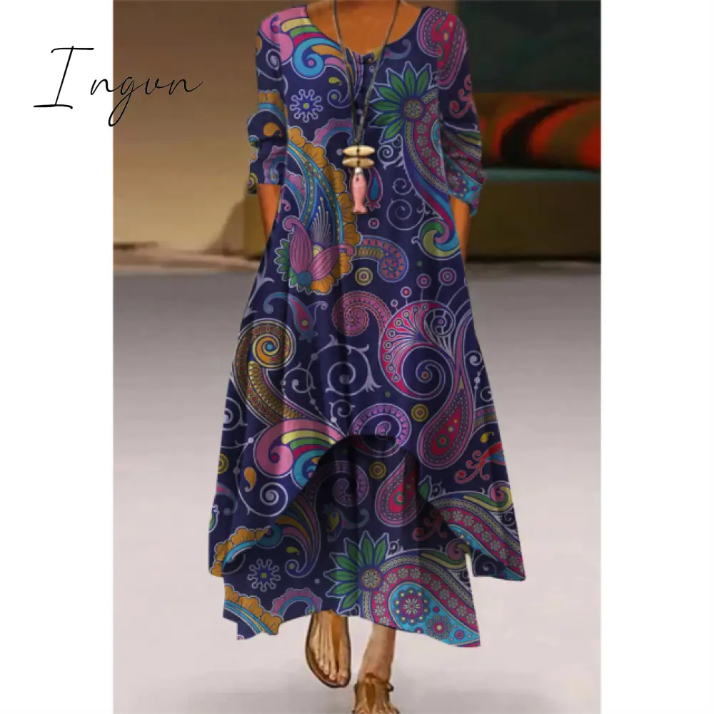 Ingvn - Fashion Summer Maxi Dress Women's Printed Sundress Casual Short Sleeve Vestidos Female High Waist Robe Femme midi elbise