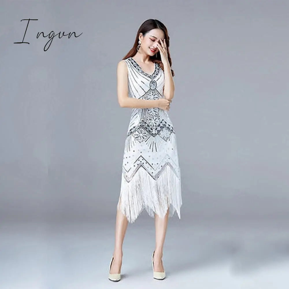 Ingvn - 1920s Vintage Flapper Great Gatsby Party Dress V-Neck Sleeveless Sequin Beaded style Style Tassel Flapper Vestidos Feminina 1920