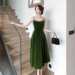 Elegant Party Sleeveless Velvet Midi Dresses for Women Autumn New Vintage Fashions A-line Slim Green Casual Female Clothing