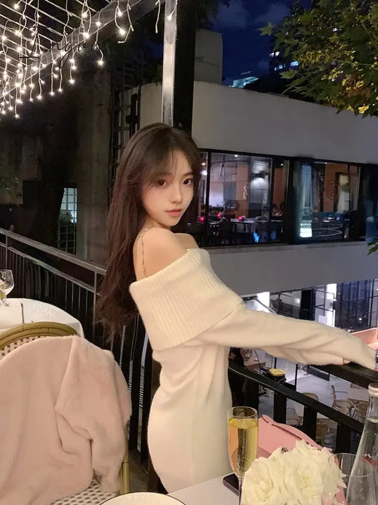 Ingvn - Pure Color Elegant Knitted Dress Woman Bodycon Slim Y2k Mini Dress Casual Party Korean Fashion Long Sleeve Dress Winter