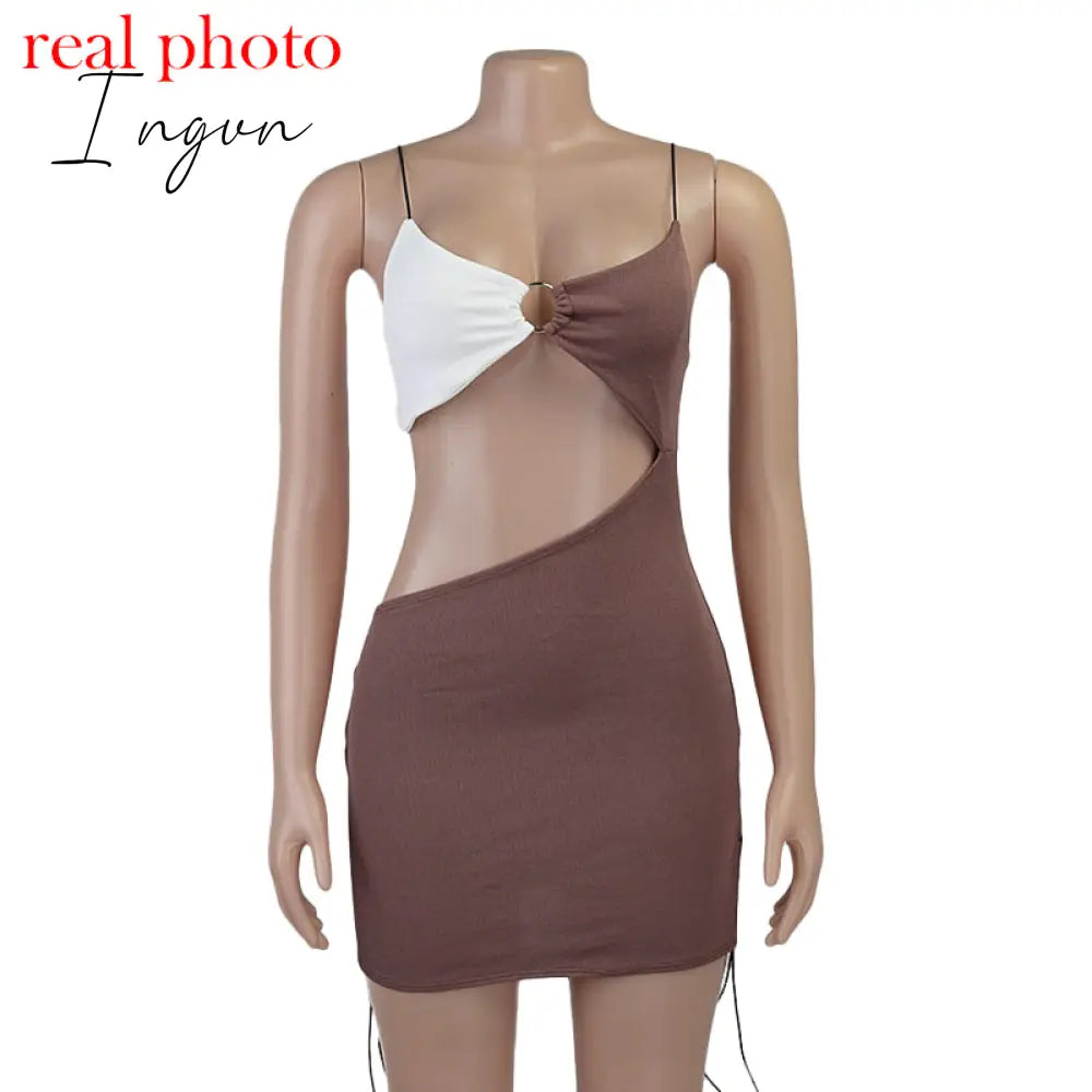 Ingvn - Spaghetti Strap Drawstring Ruched Cut-Out Sexy Backless Mini Dress for Women Club Party Sleeveless Dresses Bodycon