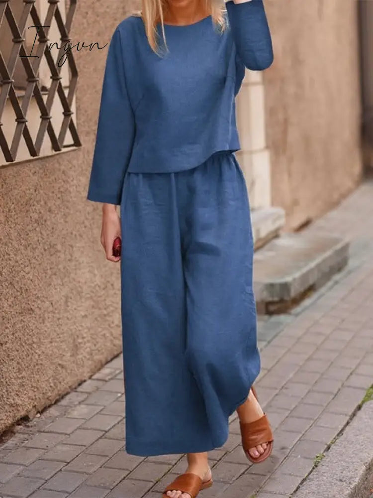 Ingvn - Plus Size 5XL Cotton Women's Pantsuit Suit Loose O-neck Top Wide-leg Trouser Suits Female Spring Fashion Casual Set Ladies