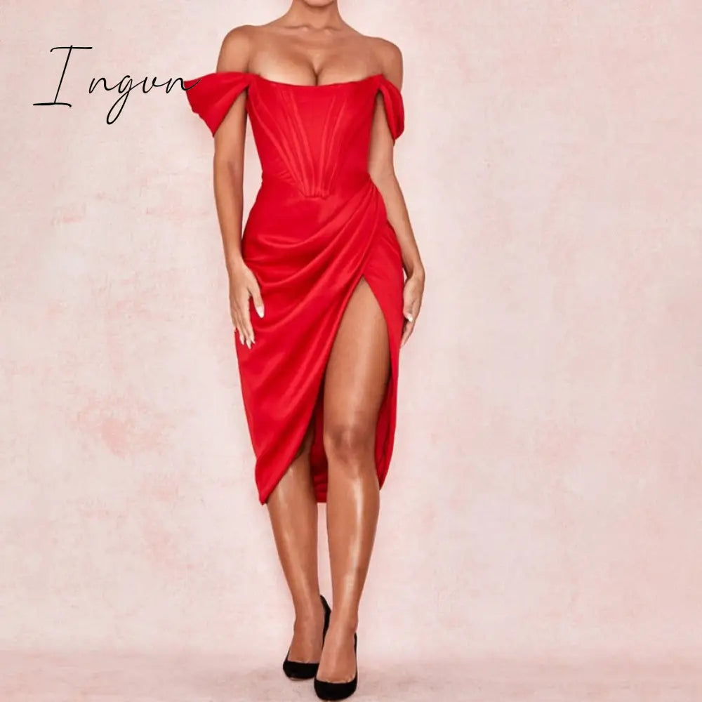 Ingvn - Off Shoulder Sexy Strapless Split Corset Satin Dresses Fashion Bodycon Dress Women Party Night Club Elegant