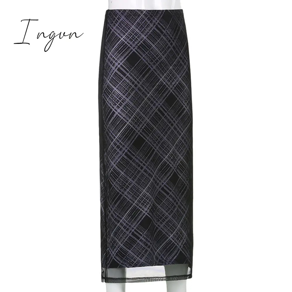 Ingvn - Autumn Fairy Grunge Long Tulle Skirts Women Kawaii Plaid Black Skirt Harajuku Low waisted Skirt Korean Fashion