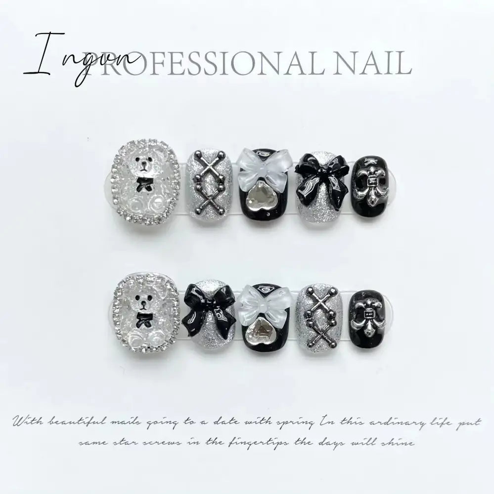 Bow Ice Translucent Sense Handmade Wearable Fake Nail Gradient AB Asymmetric Almond False Nails Trim Nail Shape Nail Decoration