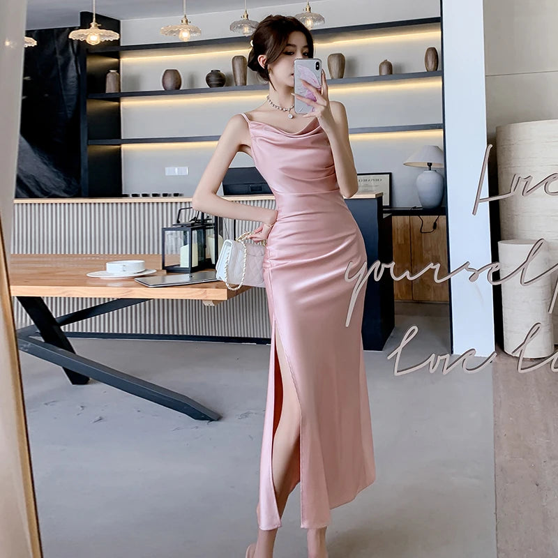 Elegant Party Black Satin Midi Dresses for Women Summer New Sexy Fashion Bodycon Sleeveless Split Strap Female Clothing