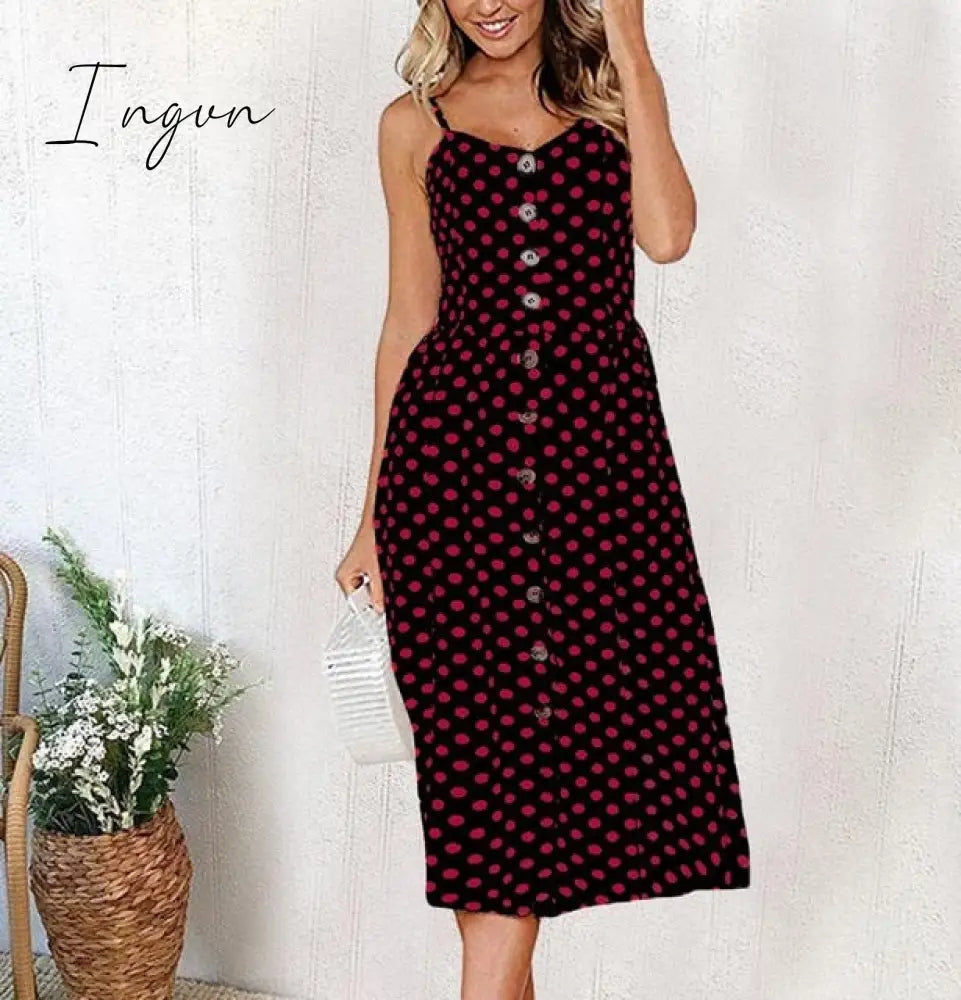 Ingvn - Vintage Casual Sundress Female Beach Dress Midi Button Backless Polka Dot Striped Women Dress Summer Boho Sexy Floral Dress