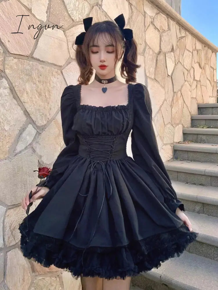 Ingvn - Womens New Trends White Lolita Dress Kawaii Vinatge Long Sleeve Mini Dresses Black Gothic Bandage Lace Patchwork Streetwear Square Collar