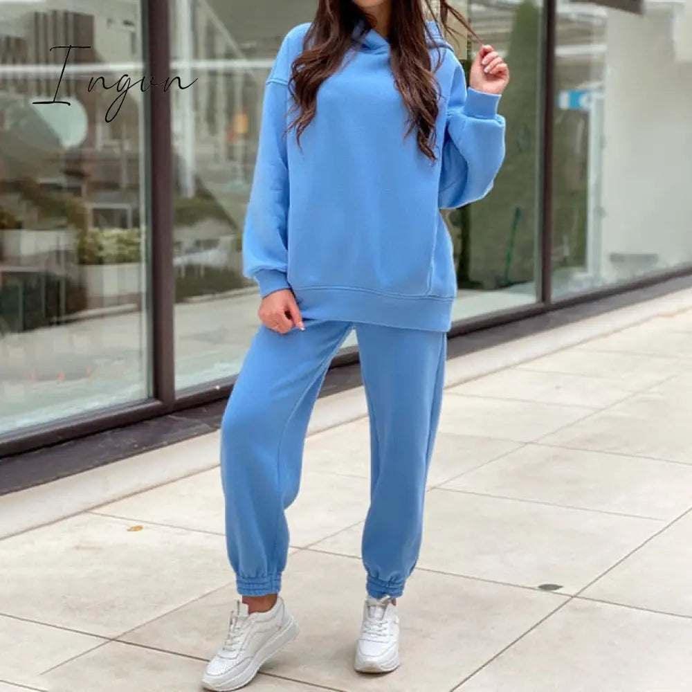 Ingvn - Women Elegant Solid Sets For Women Warm Hoodie Sweatshirts And Long Pant Fashion Two Piece Sets Ladies Lace Up Sweatshirt Suits