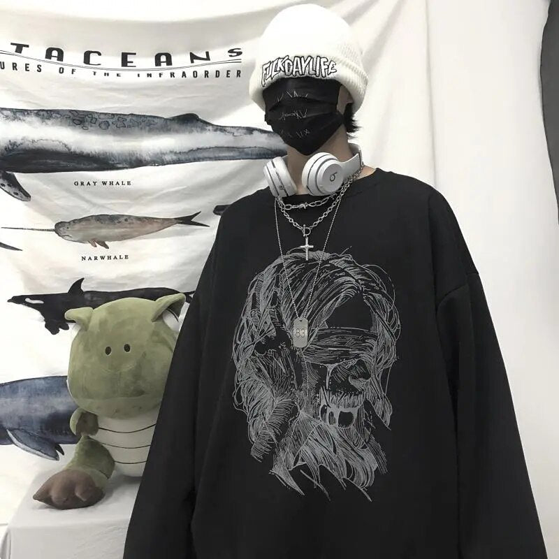 Retro dark printed sweatshirt for couples to wear loose black long sleeve top fashionable wide Songyuan night style album top