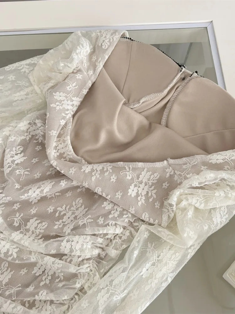 Korean Lace Mini Dress Elegant Square Collar Long Sleeves Princess Bodycon Birthday Party Dresses Slim Waist Short Vestidos New