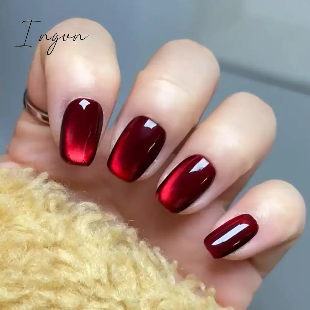 Wine Red Cat's Eye y2k Fake Nails With Designs Wearable Glitter False Nails Press on Square Nail Full Cover Artificial Nail Tips
