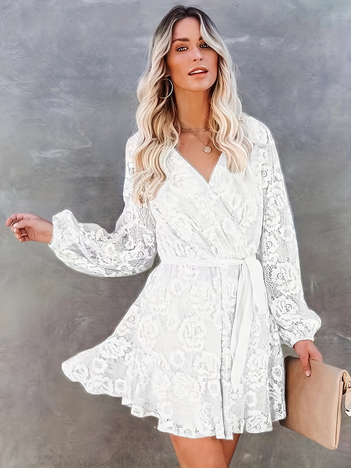 Guipure Lace Surplice Neck Dress, Elegant Lantern Sleeve Tie Waist Dress For Spring & Fall, Women's Clothing