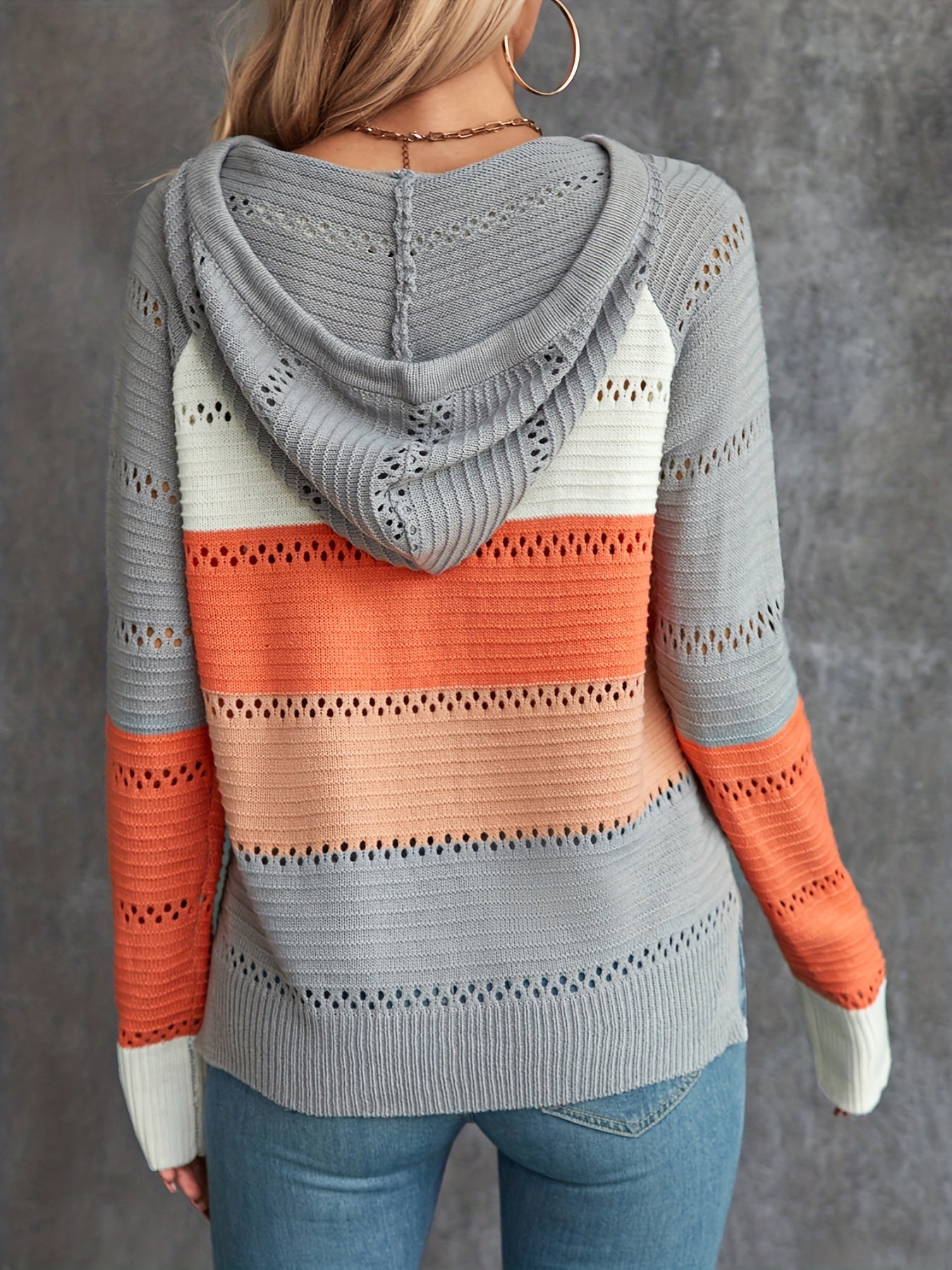 Color Block Drawstring Hooded Sweater, Casual Long Sleeve Sweater For Fall & Winter, Women's Clothing