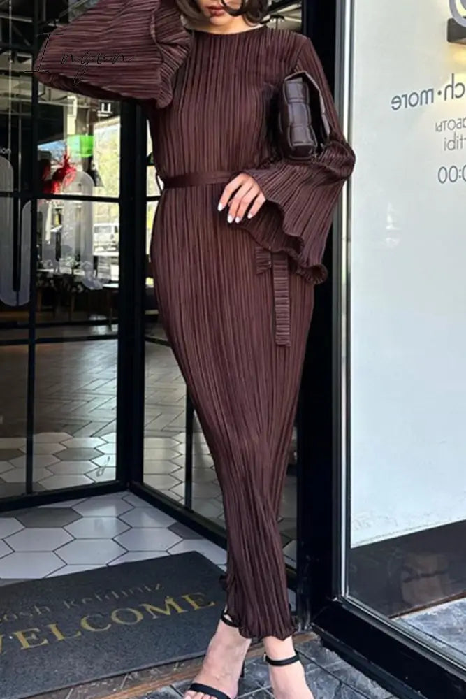 Ingvn - Elegant Solid Pocket Fold O Neck A Line Dresses