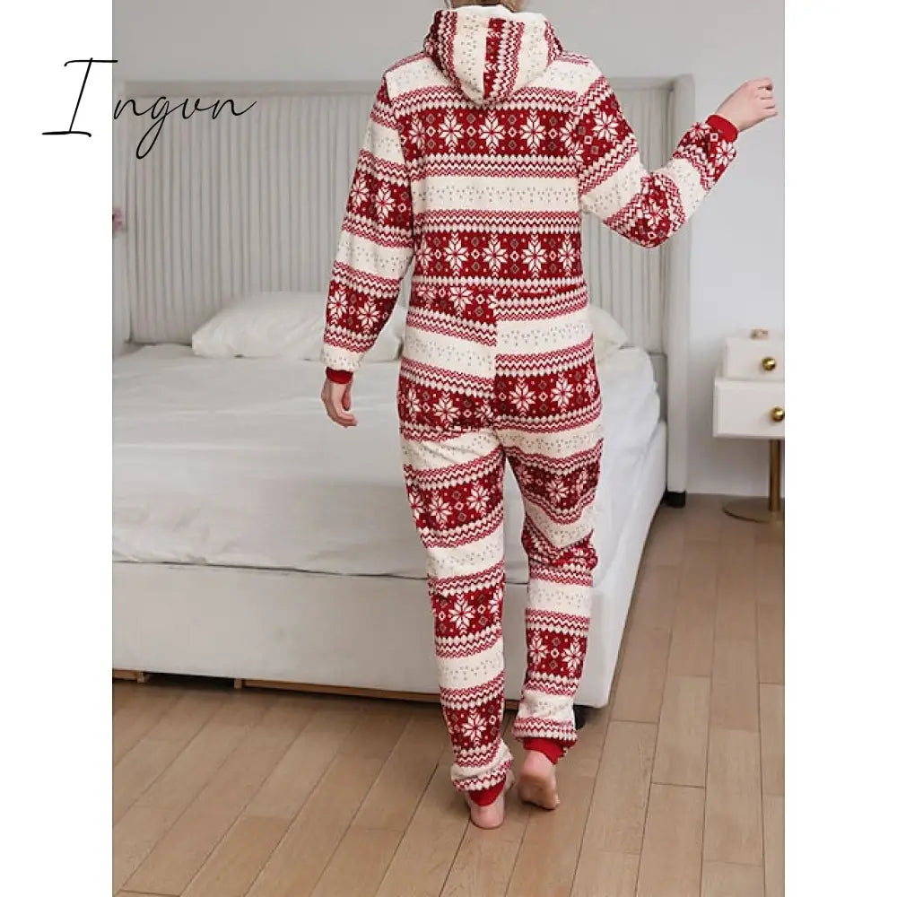 Ingvn - Women's Pajamas Jumpsuit Elk Snowflake Warm Fashion Casual Home Christmas Daily Polyester Breathable Hoodie Long Sleeve Pocket Fall Winter Black White