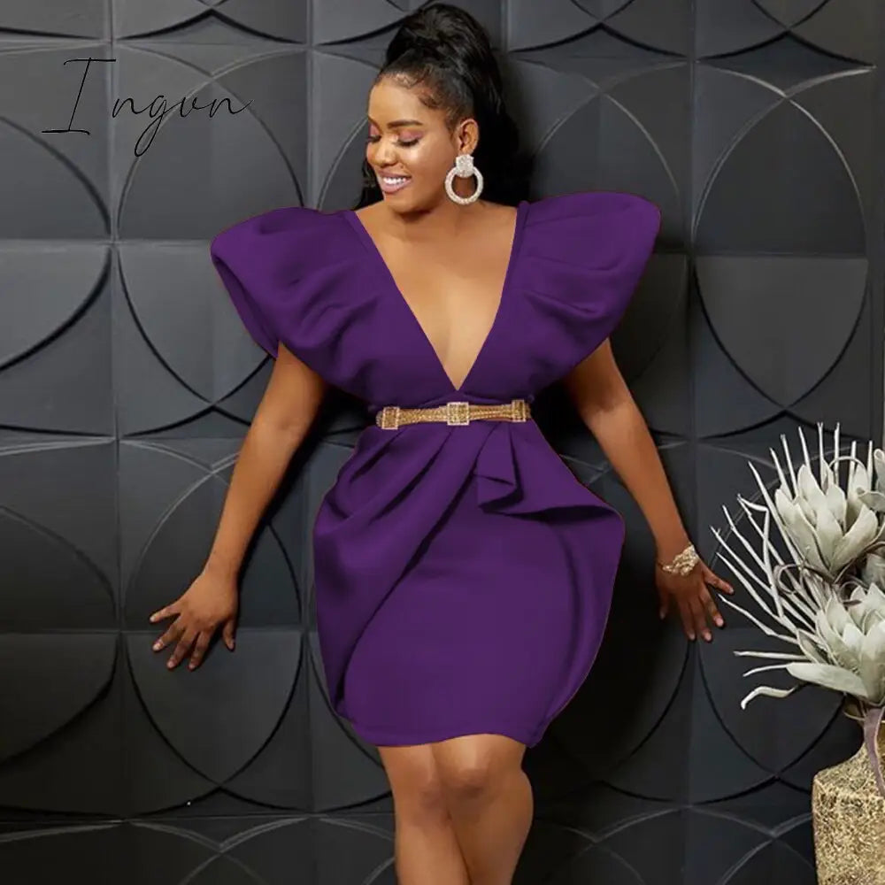 Ingvn - Deep V Neck Dresses Cape Sleeve High Waist Sexy Bodycon Ruffles Ladies Cocktail Club Party Event Outfits for Women Summer 4XL
