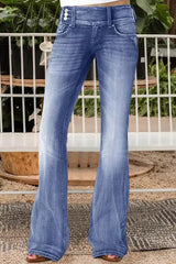 Ingvn- Casual Vintage Solid Make Old Mid Waist Regular Denim Jeans