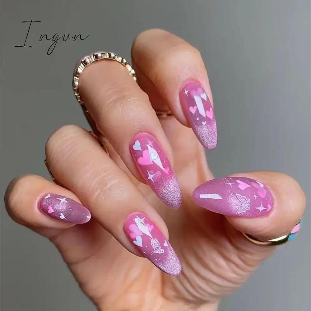 24pcs Short Glitter Purple False Nails  Almond Stiletto French Wearable Fake Nails Art Artificial Full Cover Press on Nail Tips