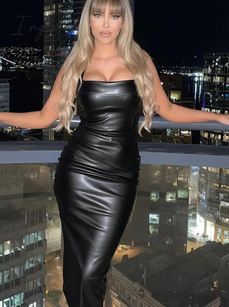 Ingvn - Sleeveless Leather Bodycon Midi Dress Women Summer Sexy Fashion Clothes Elegant Party Evening Nightclub Slim Long Dresses