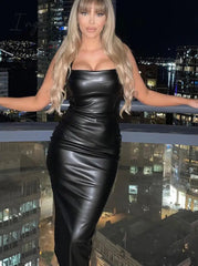 Ingvn - Sleeveless Leather Bodycon Midi Dress Women Summer Sexy Fashion Clothes Elegant Party Evening Nightclub Slim Long Dresses