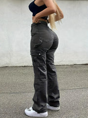 High-Waisted Stretchy Women's Retro Cargo Denim Pants, Elegant Solid Y2K Street Style Urban Fashion Trousers Jeans