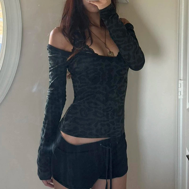 Leopard Print Black T Shirt Women Lace Patchwork Full Sleeve Tee y2k Chic Off-shoulder Cropped Top Vintage 2000s Clothing