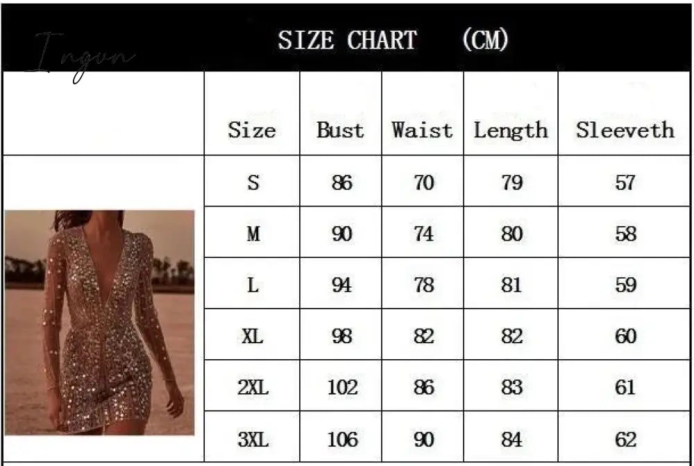 Ingvn - Sequined Mini Dress Deep V Neck Luxury Shiny Long Sleeve Women Sexy Elegant Party Clubwear Evening Bodycon Dress For Women Robe