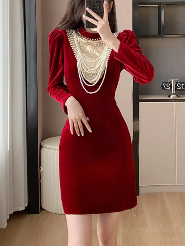 Autumn Elegant Black Velvet Dresses for Women Long Sleeve Stand Collar Mermaid Evening Party Dress Prom Robe Vestidos Mujer New