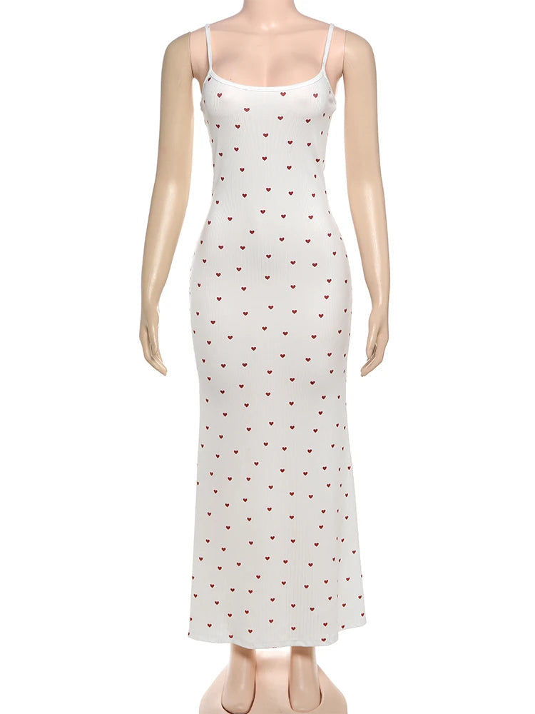 Elegant Heart Print Ribbed Maxi Dress Women Summer Y2K Trend Square Collar Backless Robe Daily Casual Fashion Outfits