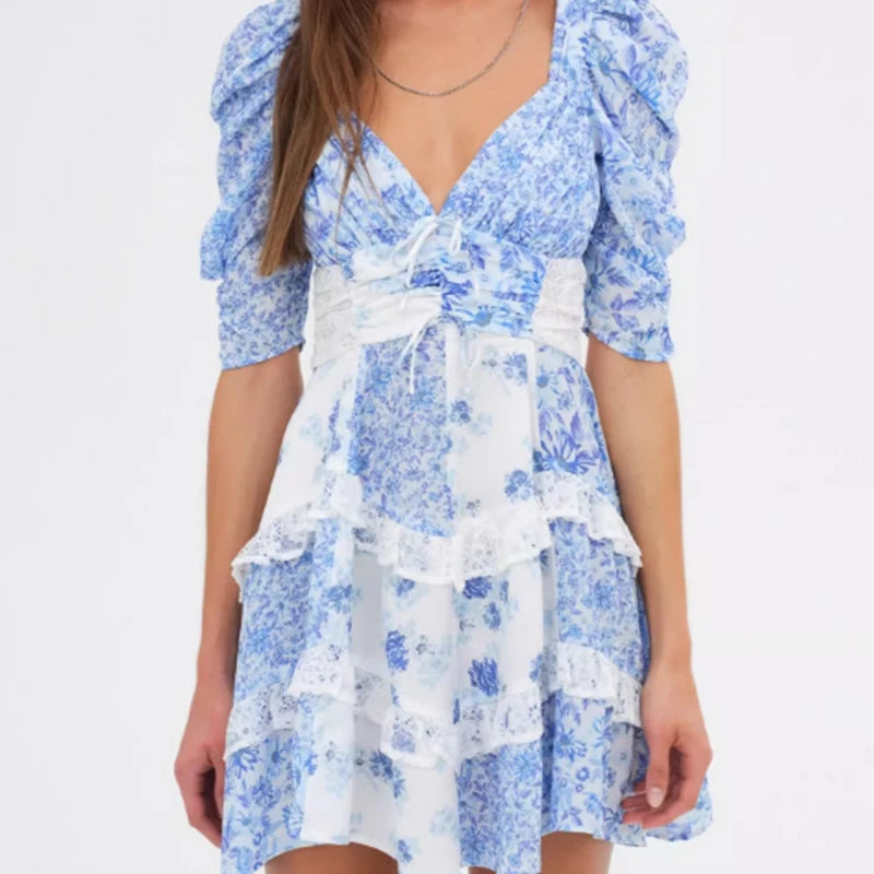 Lace Spliced Blue Floral Print Summer Dress Women Sexy Backless V Neck A-line Mini Dresses Holiday Vestido Boho Robe