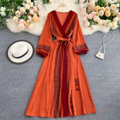 Ingvn - Spring Autumn Women Printed Long Dress Vintage Puff Long Sleeve High Waist A-Line Vestidos Female New Fashion Beach Robe