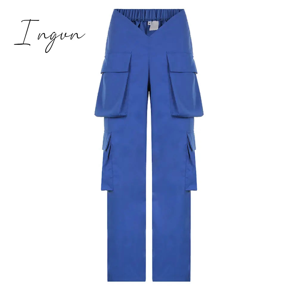 Ingvn - Vintage Y2k Cargo Pants Women Elastic High Waist Big Pockets Baggy Casual Capris Aesthetic Autumn Jogger Sweatpants