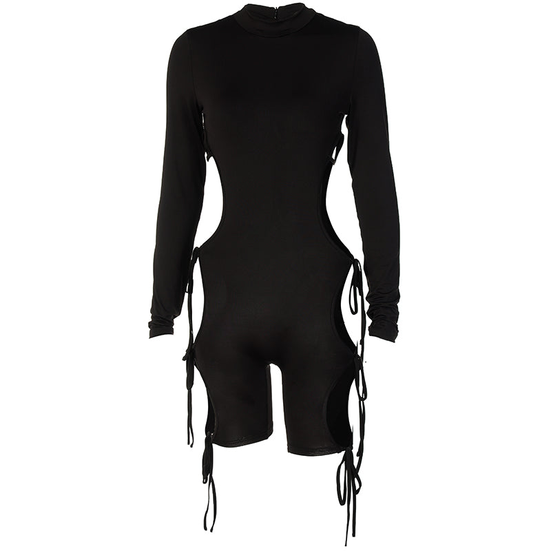 Solid Long Sleeves O Neck Cut Out Drawstrings Bandage Playsuit  Summer Fall Bodycon Sexy Party Club Elegant Y2K