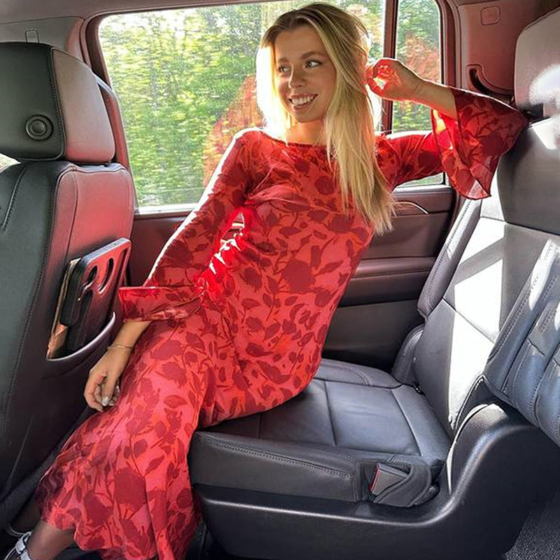 Pphmm 2000s fashion Bohemian Summer New Printed Dress Women's Style Sexy Hot Girl Perspective round Neck Long Sleeve Dress