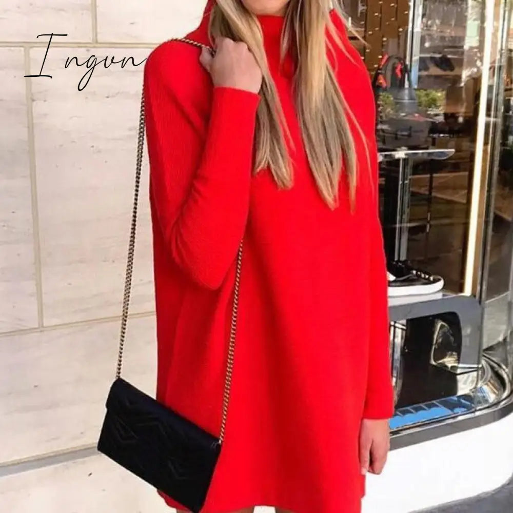 Ingvn - Fashion Dress Women Elegant Chic Solid Color Women's Dresses Office Soft Slim Dresses Female Turtleneck Woman Clothes Plus Size