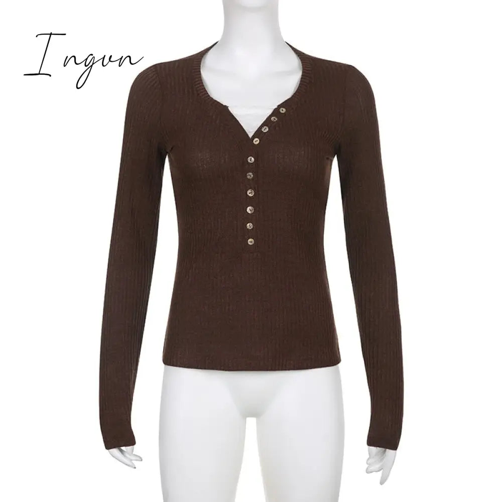 Ingvn - Womens Fashion Button Up Fairy Grunge Aesthetic Casual T-shirts Retro Y2k Ribbed Lace Patchwork Women Tops Long Sleeve Skinny Blouses