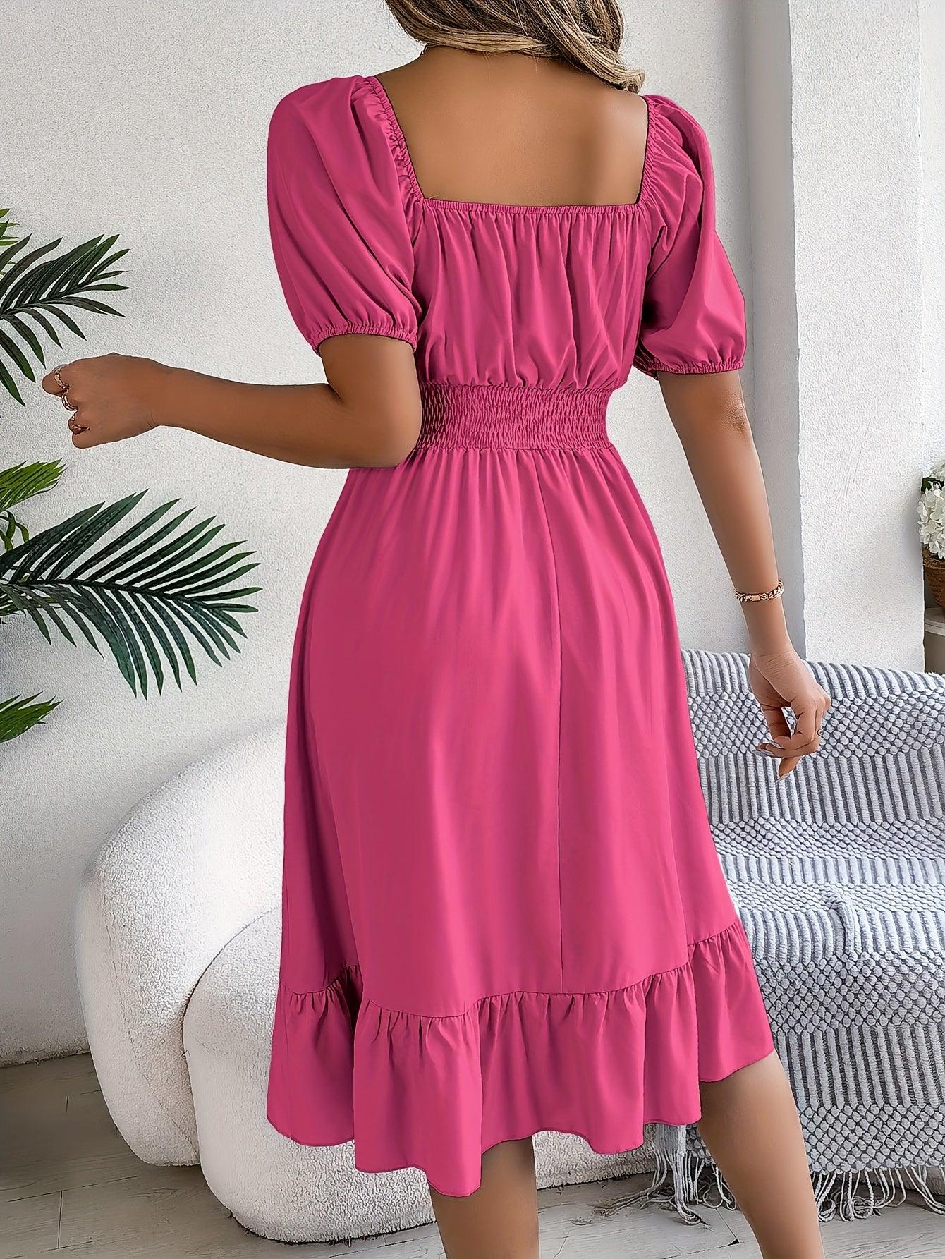 Solid Puff Sleeve Square Neck Waist Dress, Elegant Ruched Bust Ruffle Hem Dress, Women's Clothing Wedding graduation engagement occasion ceremony party holiday vacation birthday