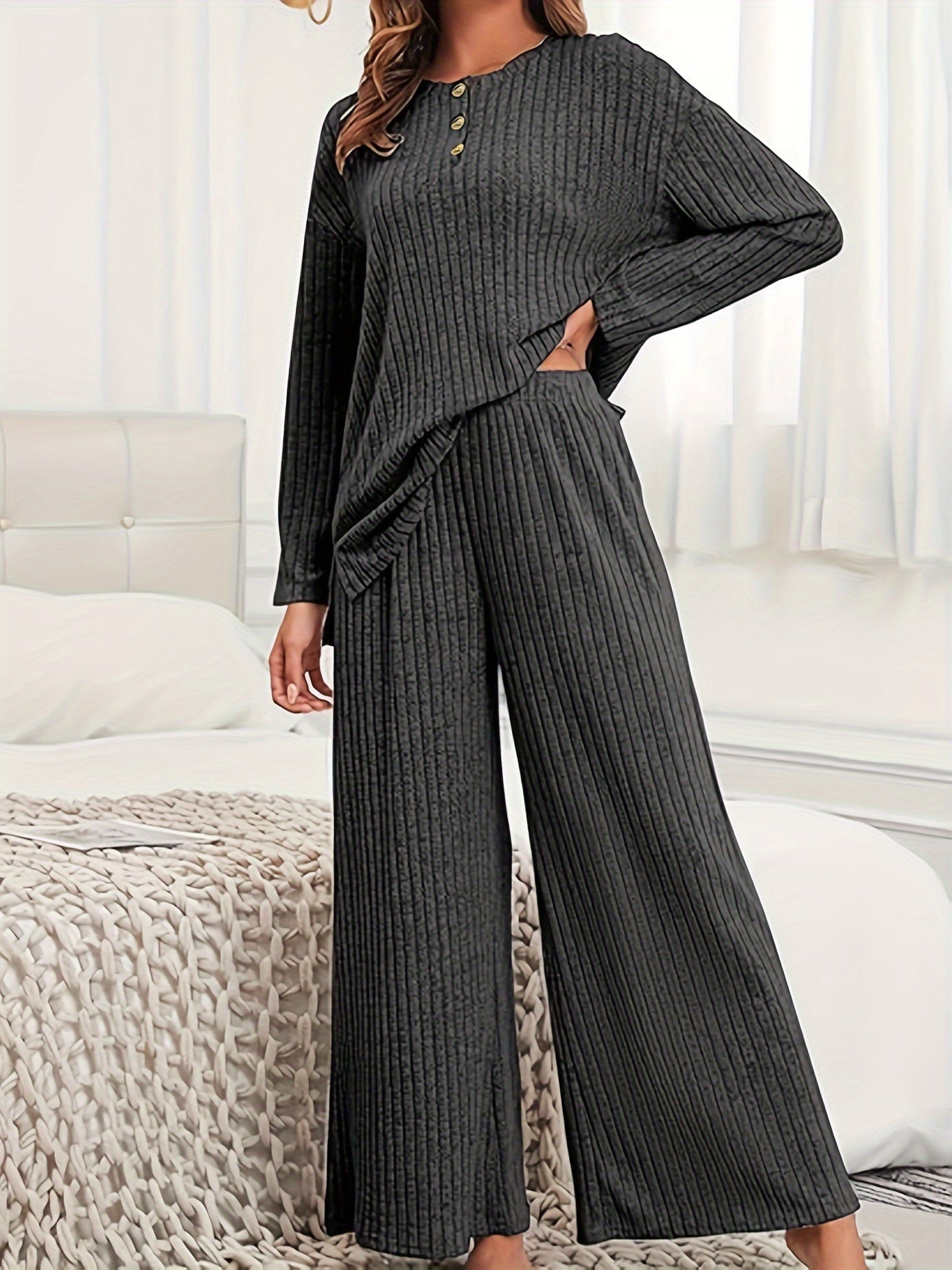 Plus Size Two-Piece Ribbed Crew Neck Outfit Set - Soft Medium Stretch Polyester Knit Fabric, Wide Leg Pants, Long Sleeve Top, Solid Color, No Printing, Casual Style - Womens Comfortable Plus Size Clothing