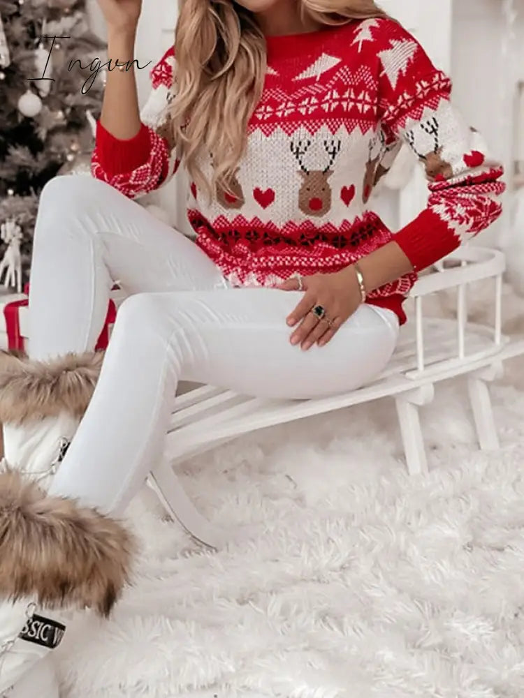 Ingvn - Women's Ugly Christmas Sweater Pullover Sweater Jumper Jumper Ribbed Knit Oversized Geometric Crew Neck Stylish Casual Christmas Daily Fall Winter Red S M L